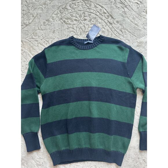 Brandy Melville Striped Crewneck Sweater Navy Green One Size 100% Cotton NWT - Picture 2 of 6